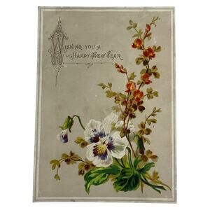 Antique Happy New Year Greeting Card Floral Lithograph Pansies Vines Ephemera‎